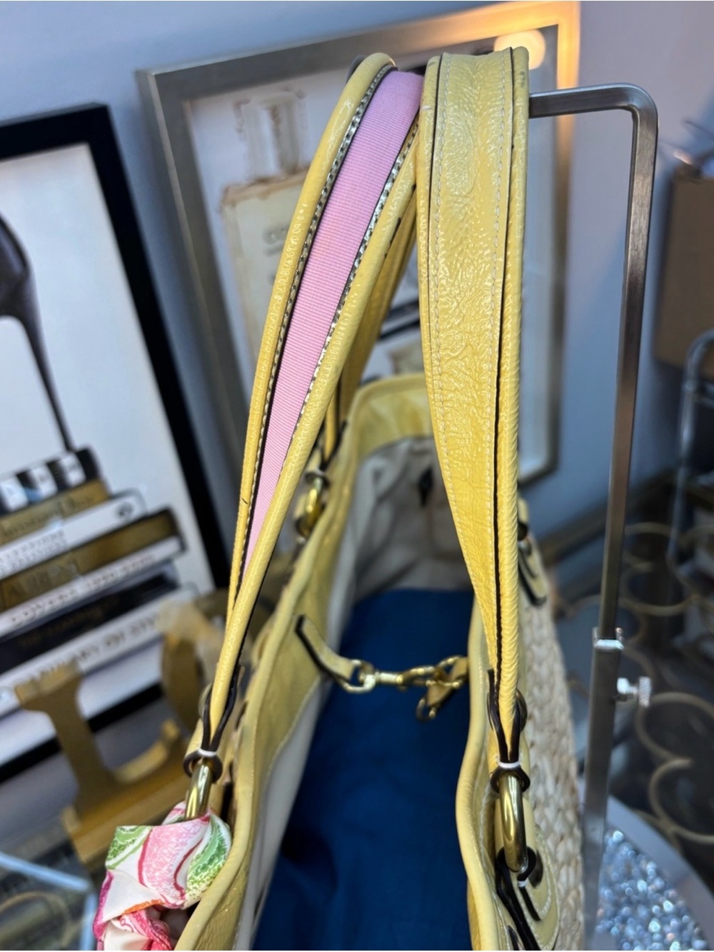 Coach Legacy Yellow Leather  Straw Tote with Pink Floral Applique and Scarf - Picture 11 of 15